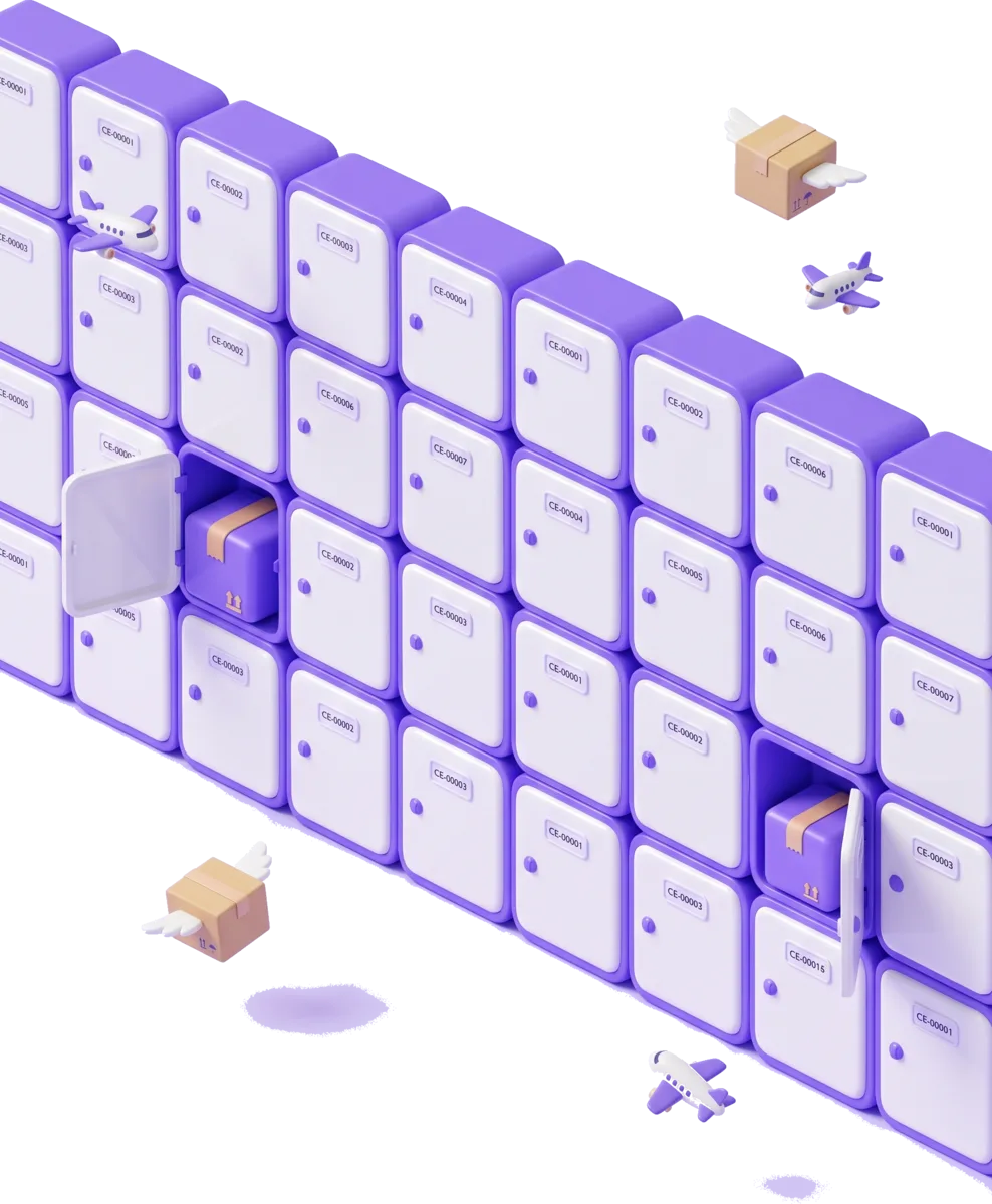 Bodega de casilleros Click Express con puertas numeradas CE-00001, cajas violeta y avioncitos